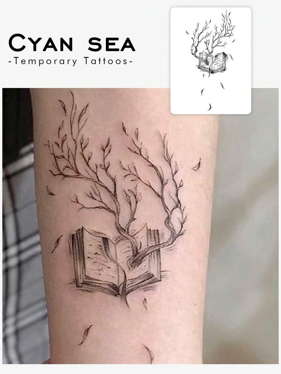 Cyan sea 1pc Black Minimalist Withered Tree Magic Book Falling Leaves Temporary Tattoo, Personal Semi-Permanent Waterproof Non-Reflective Sticker Arm Fake Tattoo Suitable For Fashion People