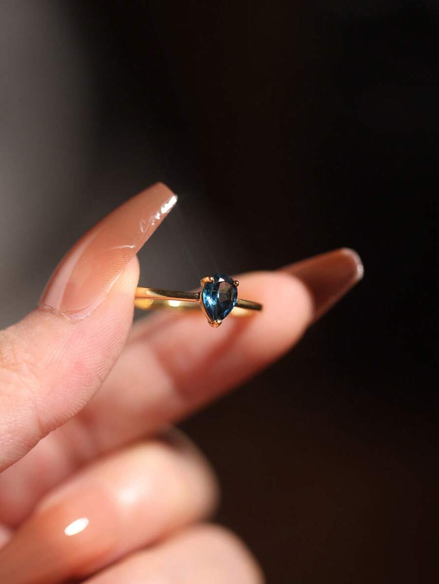 1pc 925 Sterling Silver 18k Gold-Plated Natural London Blue Topaz Ring, Waterdrop-Shaped Blue Ladies' Single Ring, Exquisite Niche Minimalist Design, Suitable For Daily Wear, Banquets, Parties, Adjustable Ring Size