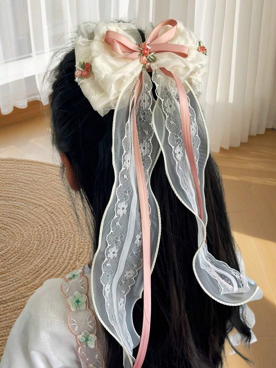 1st Meisjes Ethereal Sweet Net Geborduurde Bloem Decoratieve Lint Hoofdband