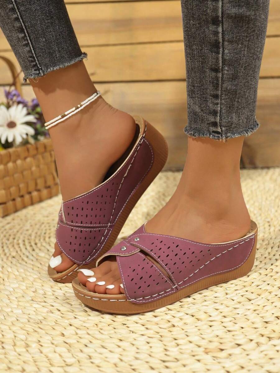Women's Summer Open Toe Criss-Cross Sandals, Casual High Heel Hollow Platform Rhinestone Slide Slippers