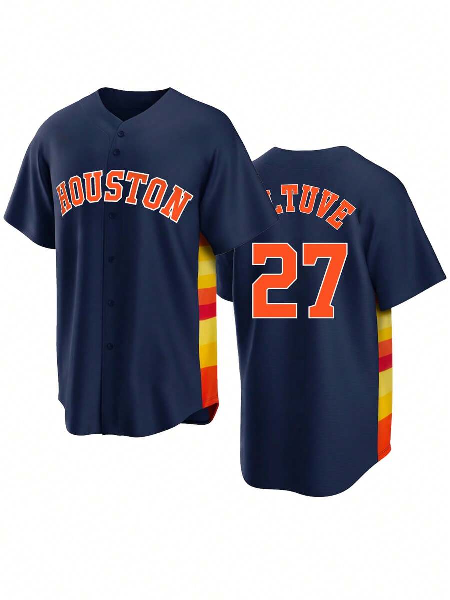 Men's Embroidery Baseball Jersey 27 Blue Casual Short Sleeve V-Neck Button T-Shirts Party Sports Top