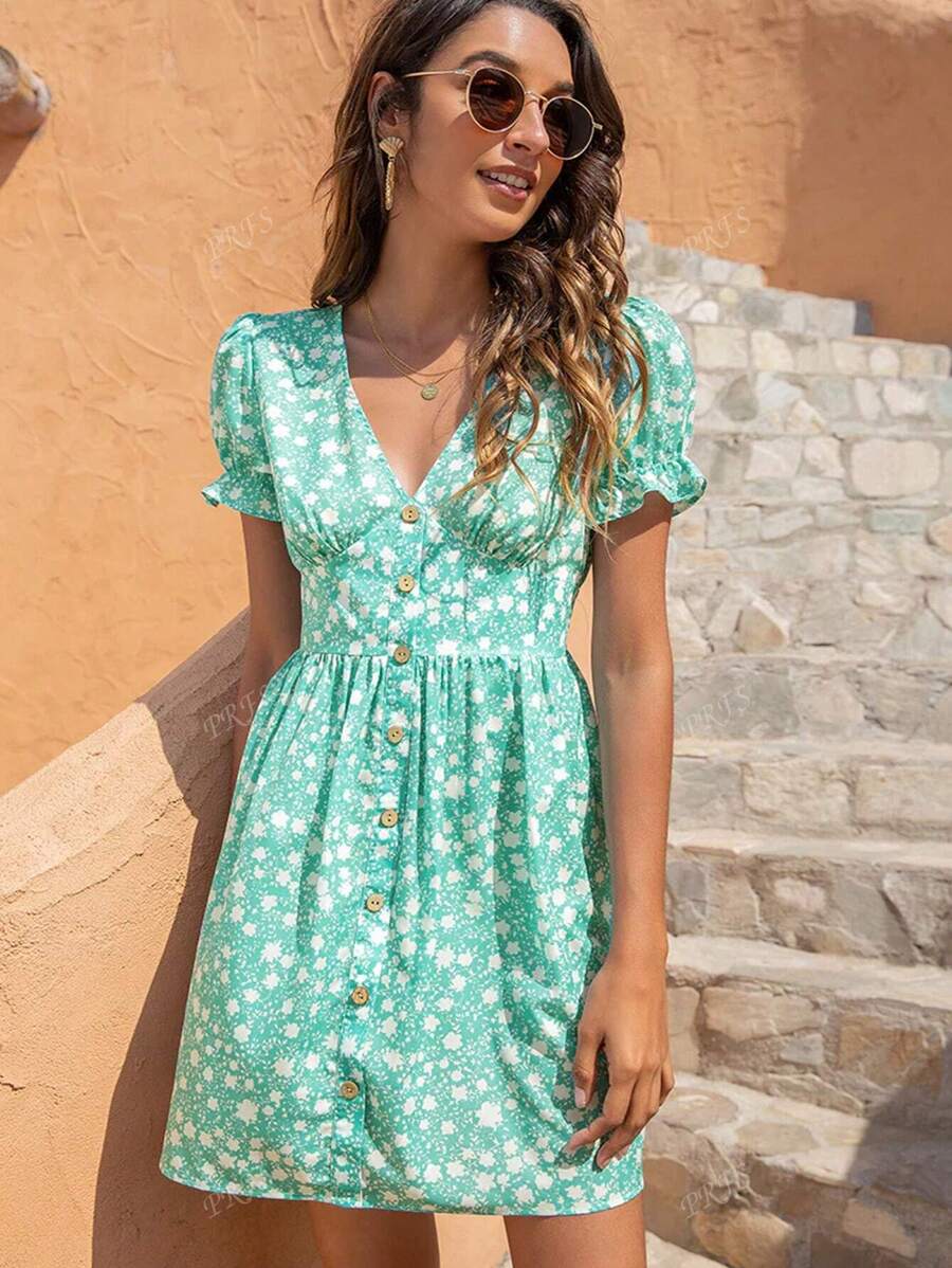 Summer New Ditsy Floral Bohemian Casual Button Front Pleated Hem Beach Dress