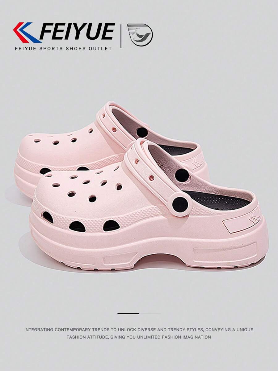 FEIYUE. 1 Pair Women's Pink Slip-On Perforated Shoes, Spring & Summer New Thick Sole Elevated Versatile Breathable Sandals, Suitable For Outdoor Activities, Hiking, Travel, Casual Wear