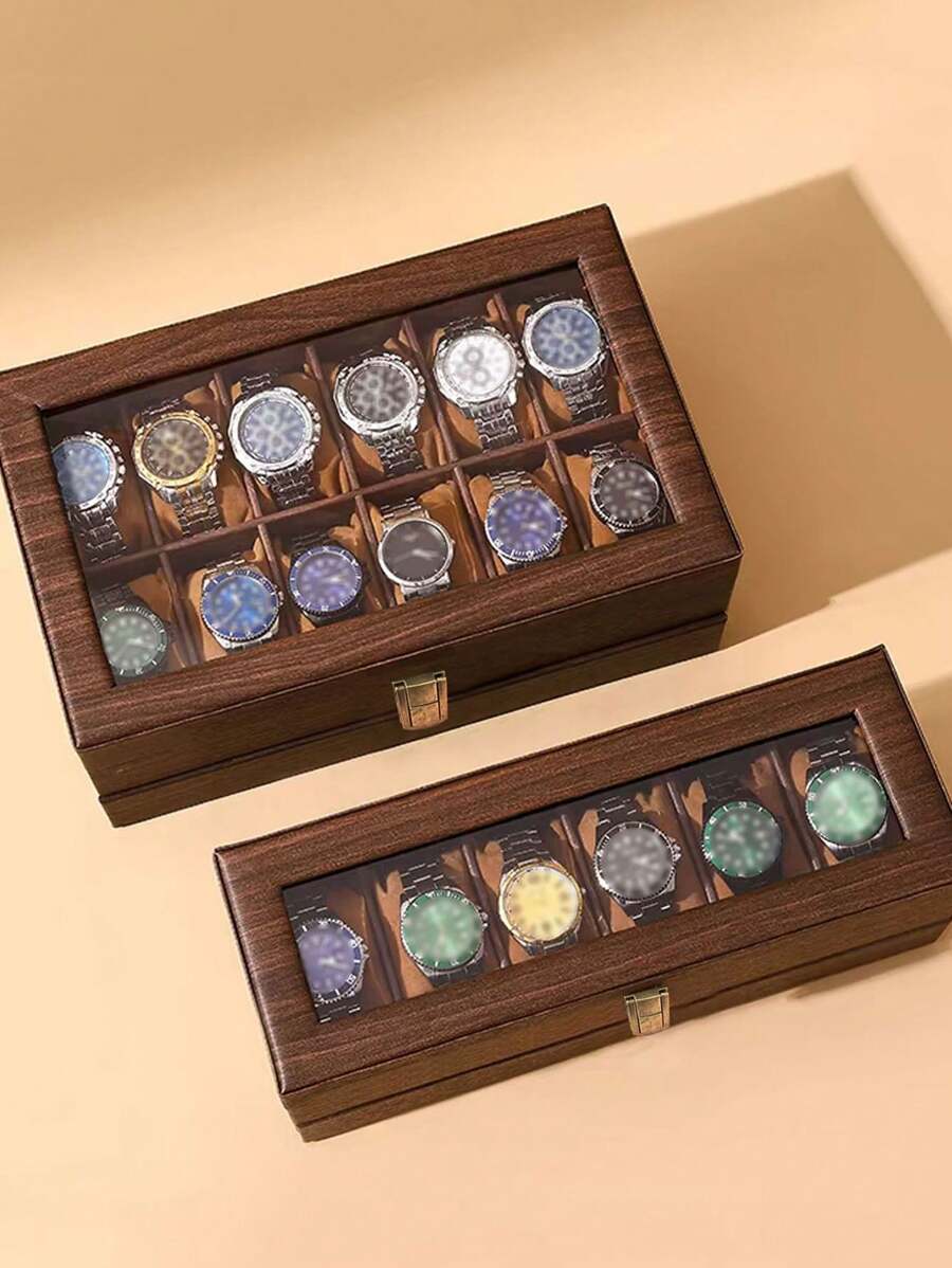1pc Leather Watch Storage Box, Dust-Proof Glass Cover Watch Box, Bracelet Necklace Jewelry Display Case, High-End Home Watch Collection Box Back To School