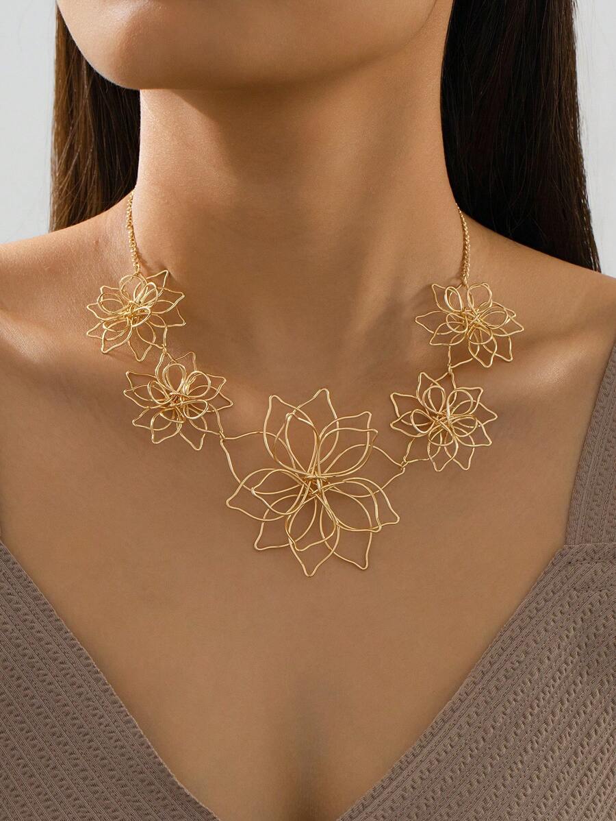 1 pieza Collar colgante con flor de doble capa exagerado en color dorado, joyería de verano