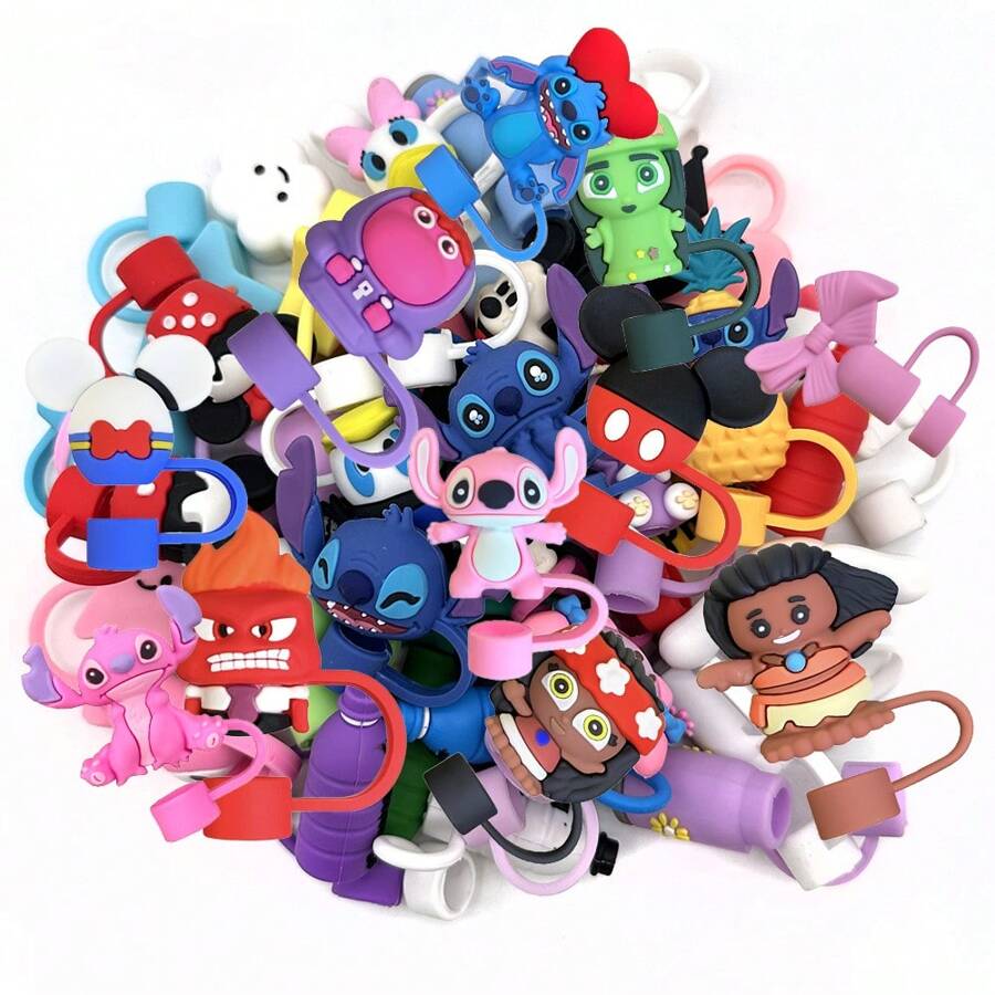 Disney 6/10/20/50 juegos de adornos en 3D de personajes Disney aleatorios para pajitas de 10mm, cubiertas y decoración superior para dispensadores de pajitas, tazas, útiles escolares reutilizables