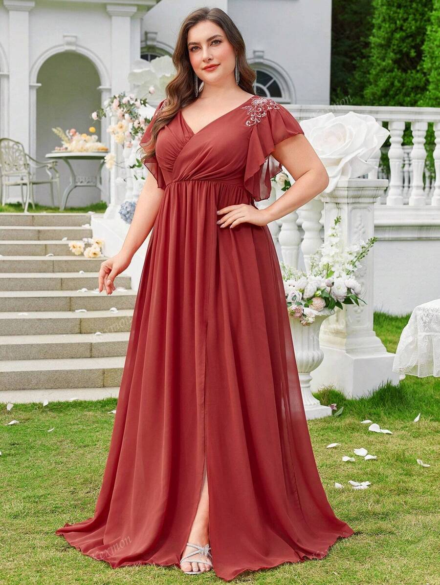 Chiffon Minimalist Sexy V-Neck Plus Size Cocktail Dress For Prom, Wedding,Party Dress,Gown,Formal,Evening,Wedding Guest