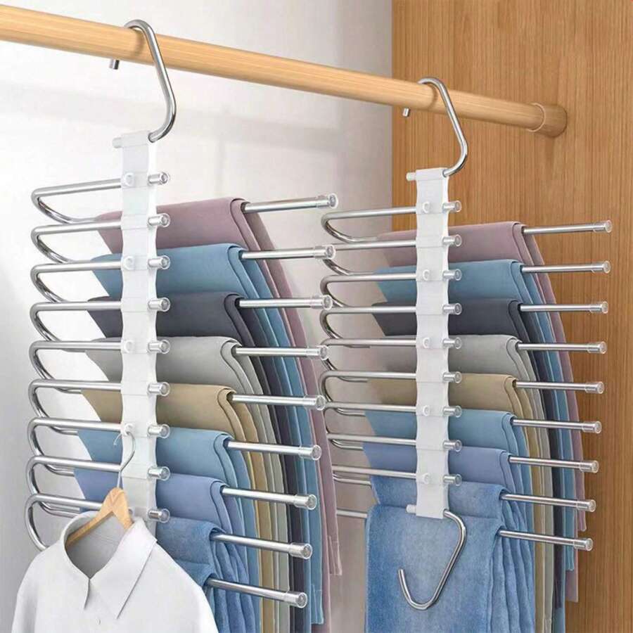 Portapantaloni pieghevole a più strati, salvaspazio, versatile, antiscivolo, senza foratura, può essere appeso, di colore nero semplice e alla moda in acciaio inossidabile multifunzionale, pieghevole con tubo antiscivolo e slot per appendiabiti