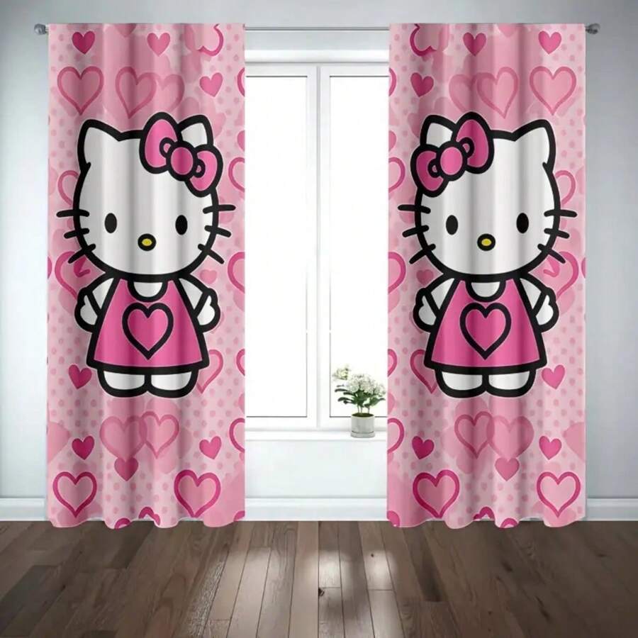 Sanrio 2 Pieces Sanrio Theme Hello Kitty Blackout Curtains - Made Of Polyester, With Rod Pocket Design For Easy Hanging, Cartoon Printed Curtains Suitable For Bedroom, Office, Living Room, Great For Home Decor