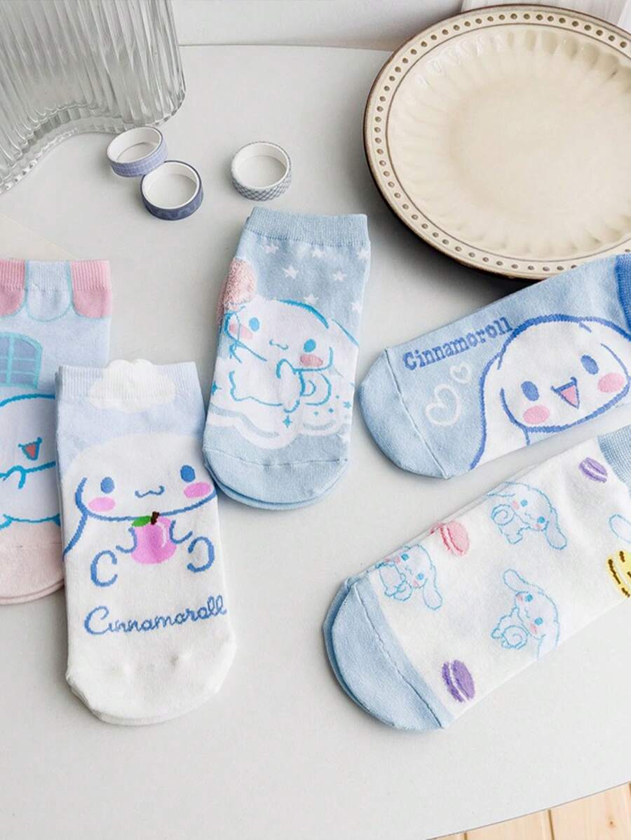 Sanrio 5 Pairs Teenage Girls' Blue Cinnamoroll Cartoon Cute Pattern Breathable Short Socks, Suitable For Spring/Summer
