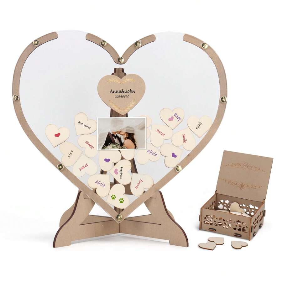 Wedding Guest Book Alternative - Rustic Heart Drop Top Picture Frame Sign With 80psc Wooden Hearts, Exquisite Box - Wedding Reception For Party Anniversary Birthday