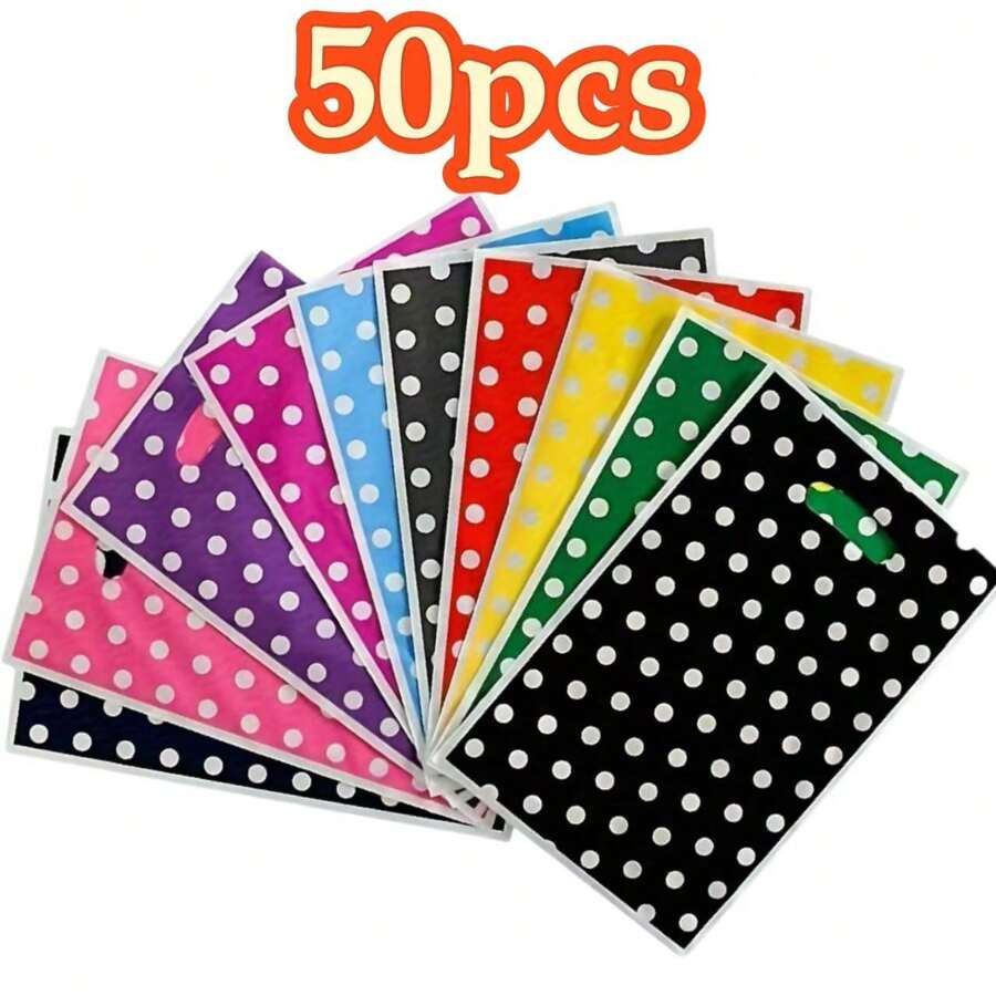 50 sacs cadeaux à pois circulaires, imperméables, réutilisables, convenant pour les fêtes, les anniversaires, les fêtes, les banquets, les événements de remise de cadeaux, Thanksgiving, Noël, sacs en plastique portables, emballage, Fête des Mères, Jour de l'Indépendance, Graduation
