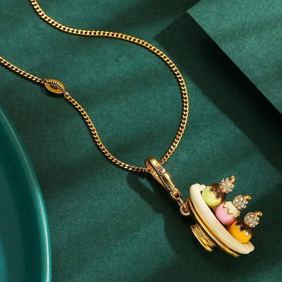 1pc Elegant Enamel Ice Cream Banana Split Pendant Necklace, Suitable For Women's Daily Wear