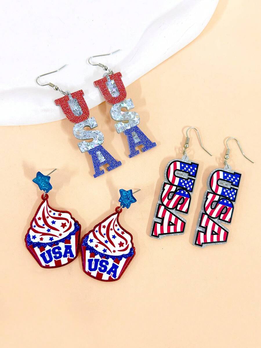 6 Stücke acryl Cartoon 4. Juli Glitzer Ohrringe, funkelnde Eiscreme USA Ohrhänger Set, Hip-Hop Party Festival Feier Schmuck Damen Accessoires