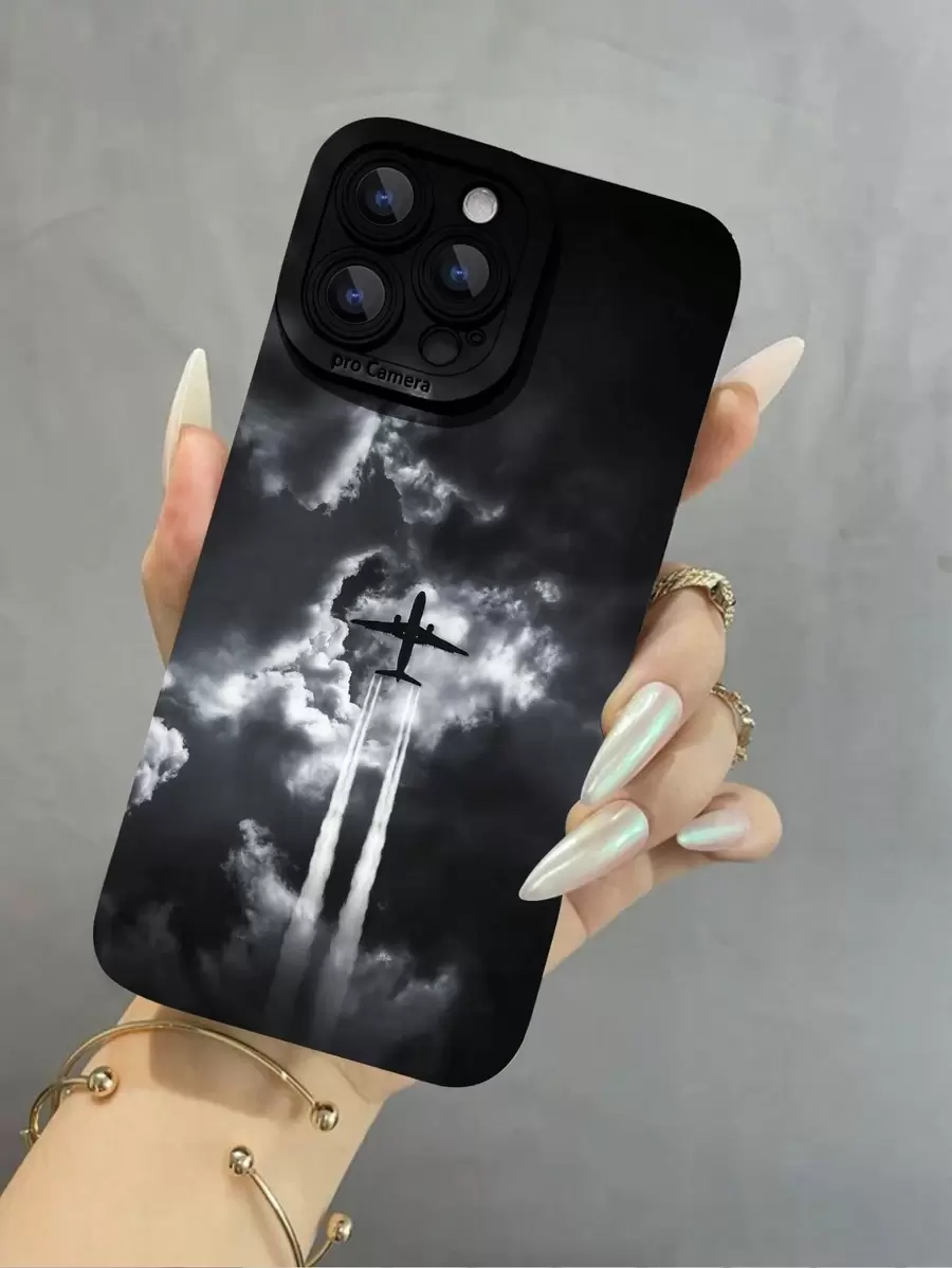 1 pieza Funda de teléfono suave anticaídas de TPU con diseño de patrón gris cielo compatible con iPhone, diseño de de aviones de alta gama