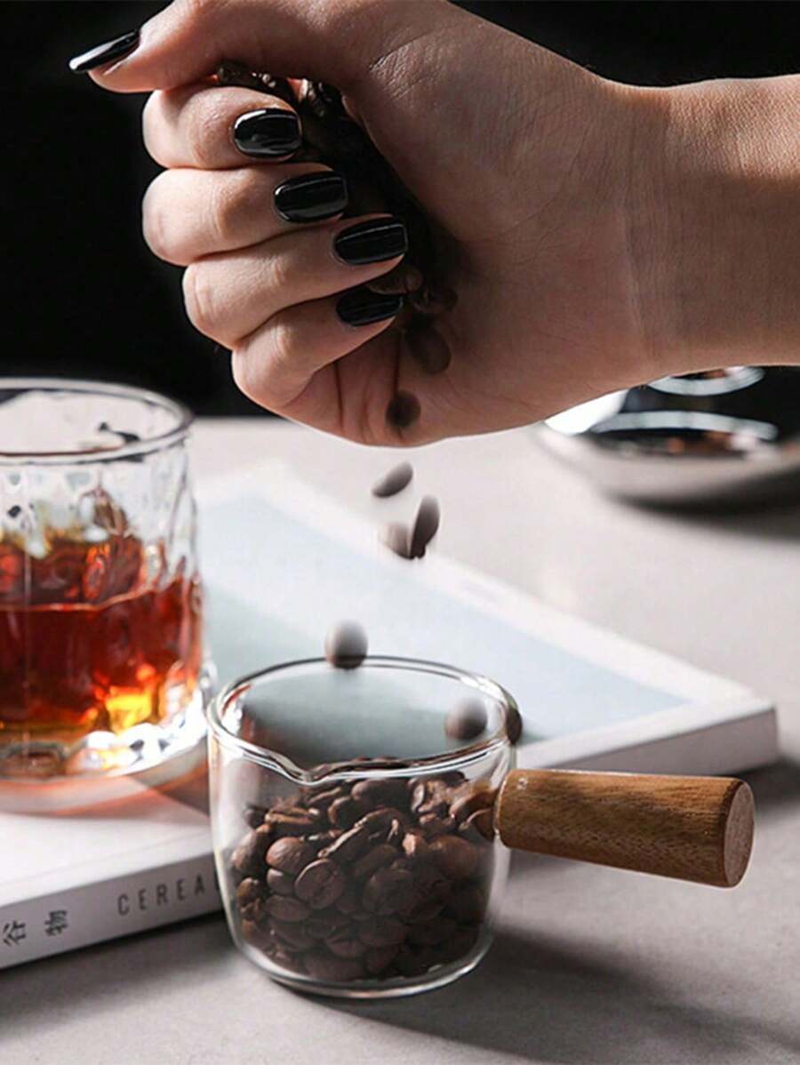 50/100ml Glass Espresso Measuring Cup With Tropical Wood Handle Graduated Markings For Coffee Shops Kitchen Drinkware Clear Glass Milk Cup Heat Resistant Wood Handle Double Spout Espresso Measure Mug Barista Accessories
