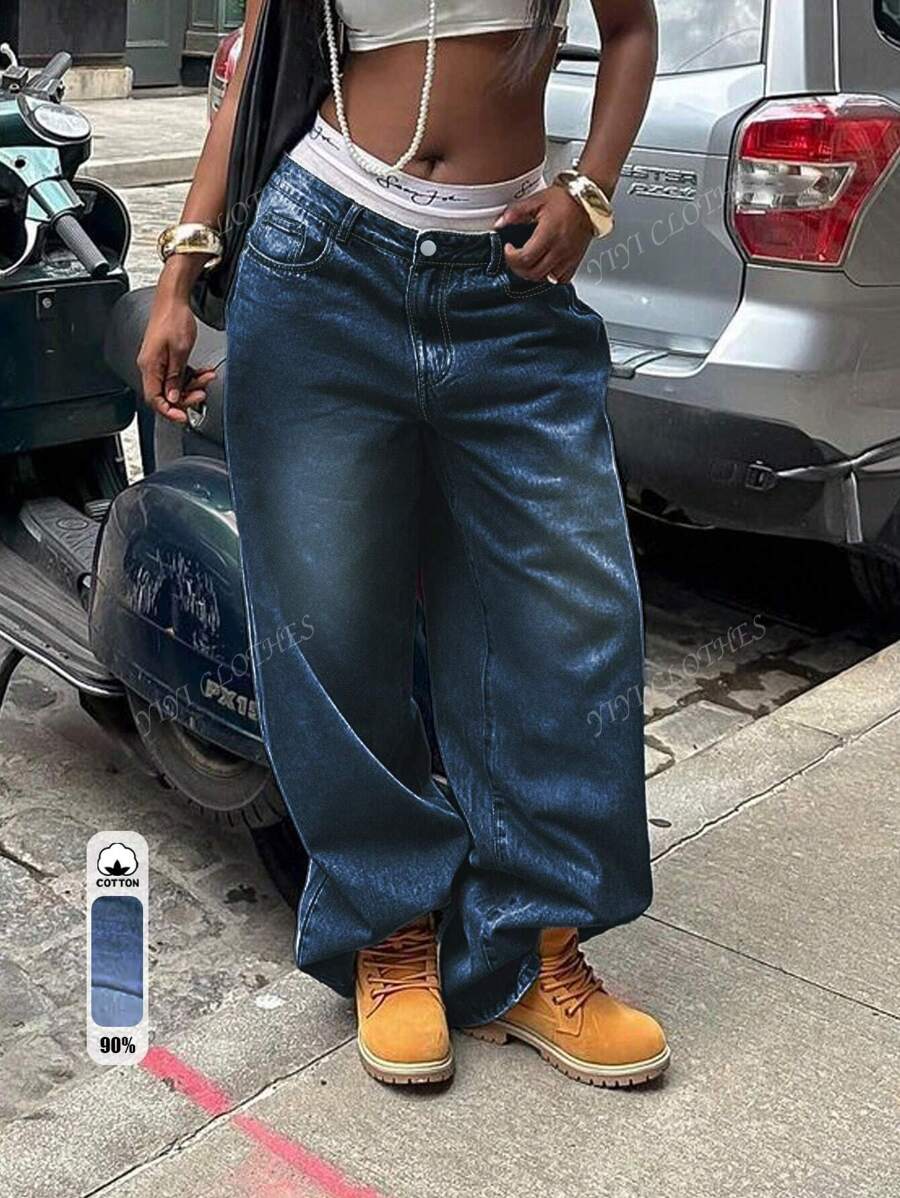 Pantalones vaqueros de pierna ancha en azul deslavado y desgastado, estilo vacacional para mujer Y2K
