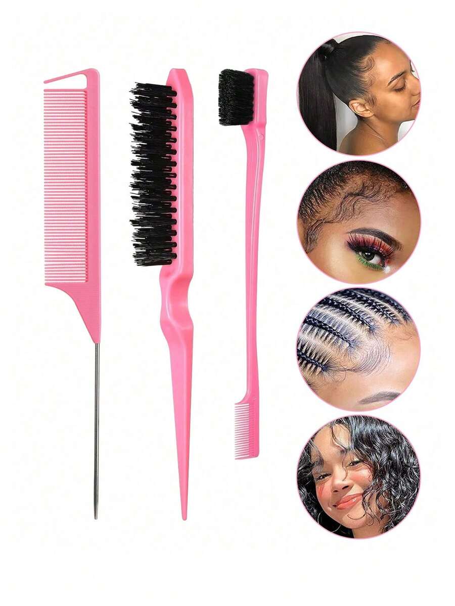Set de 3 peines para peinado, peine teasing, peine de cola de rata, cepillo de bordes - Set de cepillos y peines para salón, peines de cola de rata con doble borde para control, partición, cepillado trasero, peinado y recogido del cabello para mujeres