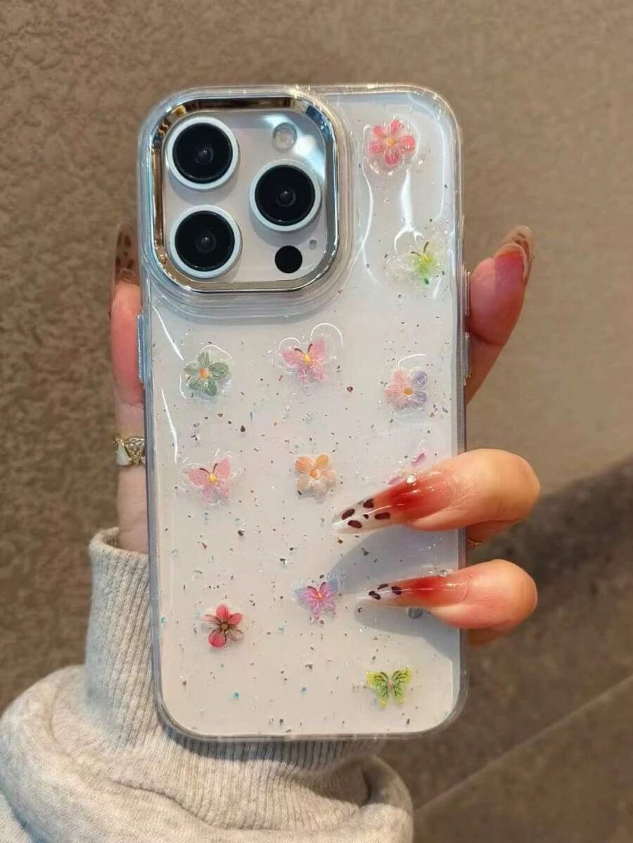 Luxe Epoxy Glitter Vlinder & Bloem IPhone 16 Pro Max Telefoonhoesje, Transparant, Elegant, Creatief Ontwerp Compatibel met IPhone 15, 14 Pro Max, 13 Dames, Koreaanse Stijl