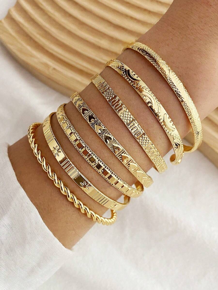 7 Stücke/Set stilvolle, vintage, hochwertige, gehämmerte Armreife in Form von Pfeilen, Diamanten, Blumen, Hexagrammen und Verdrehungen, geeignet für den täglichen Straßenmode-Look von Frauen, das Treffen mit Freunden, Reisen, Geschäftsveranstaltungen, romantische Urlaubsreisen und Partys