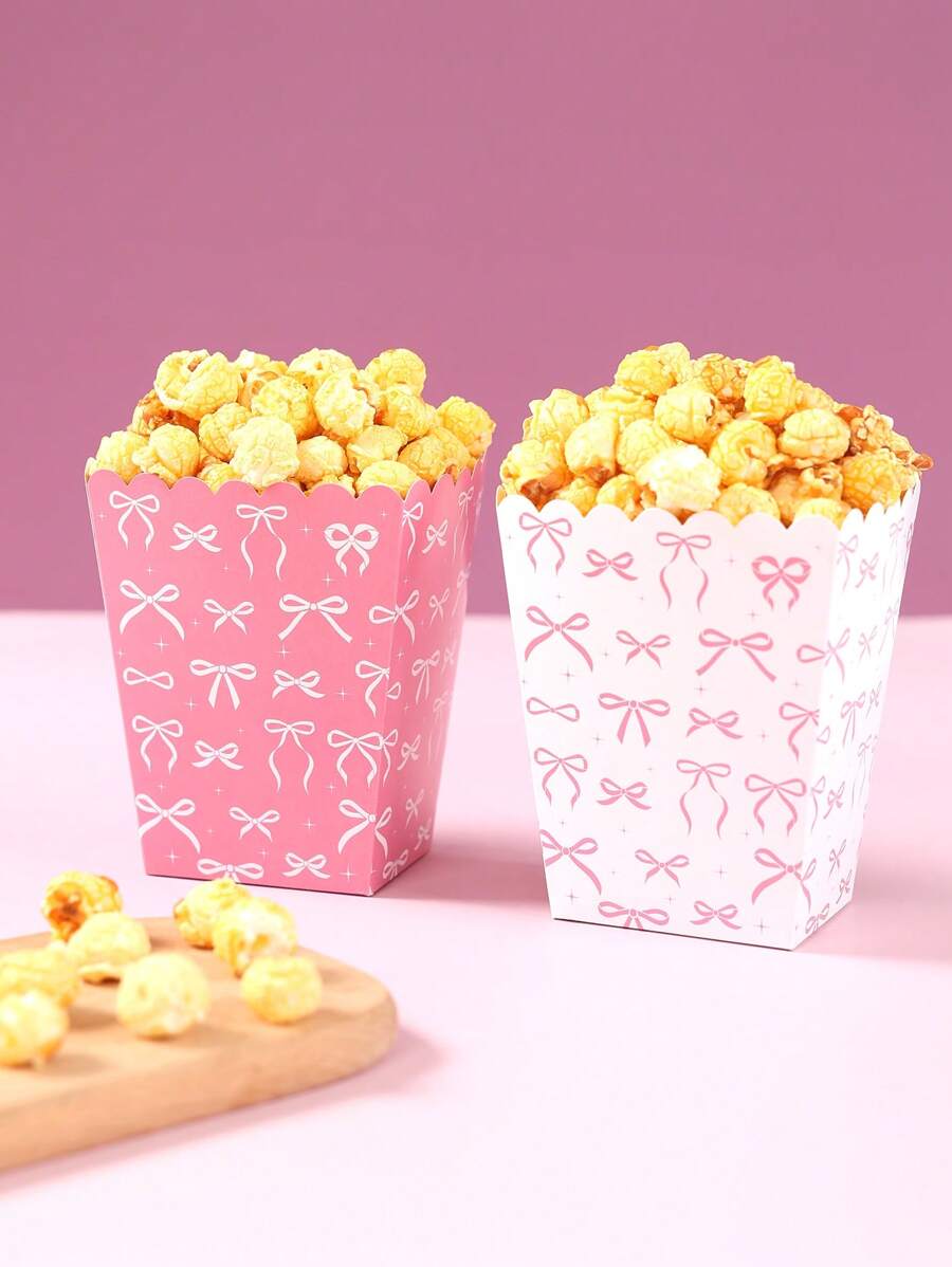 10pcs White/ Pink Background Bow Pattern Paper Popcorn Box, Popcorn Cups, Food Snack Box, Wedding Birthday Babe Shower Party Disposable Tableware, Suitable For Multiple Themes Holiday Party Picnic Camping, Home Kitchen Restaurant Table Supplies