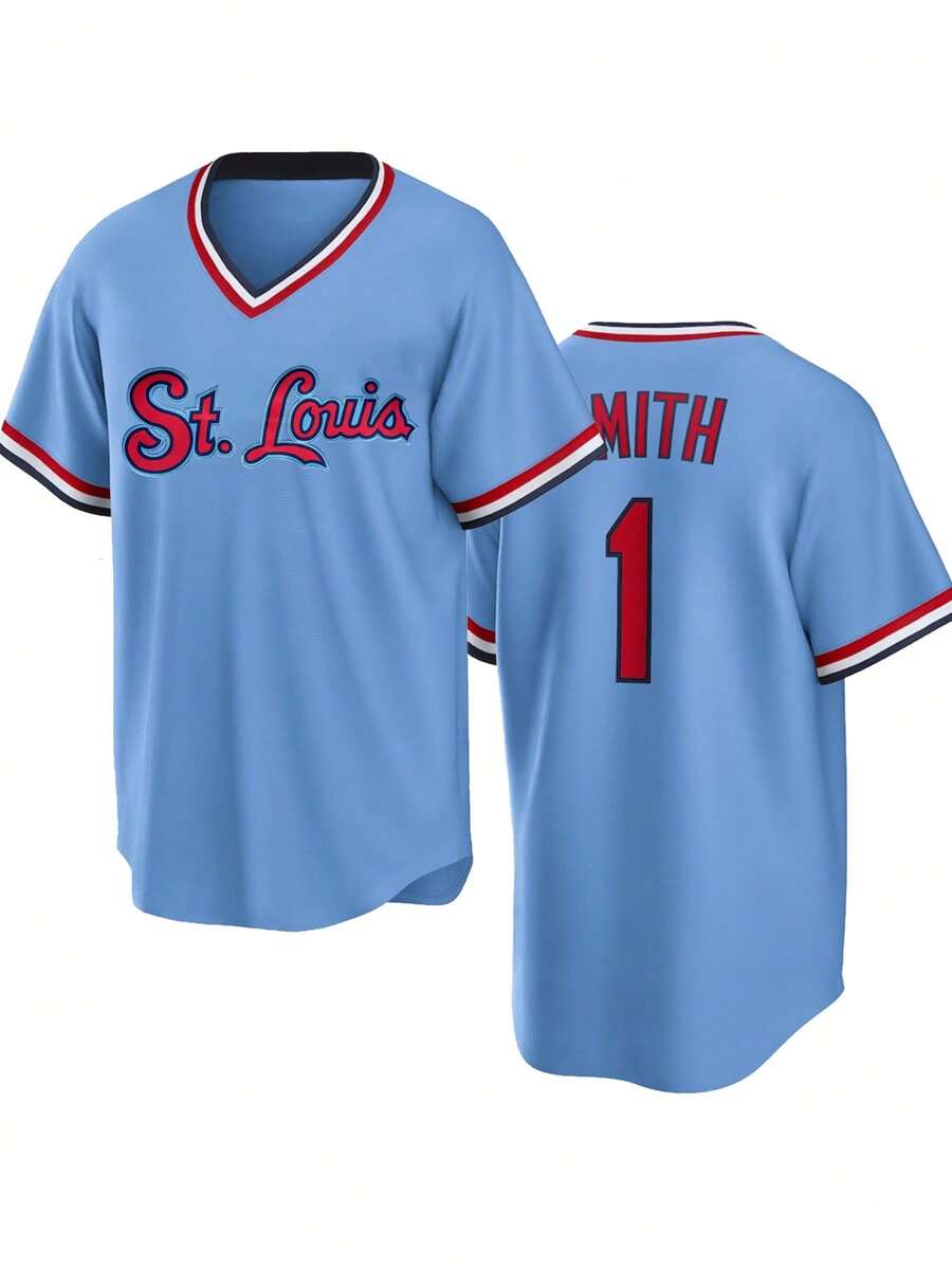 Men's Embroidery Baseball Jersey 1 Blue Casual Short Sleeve V-Neck Button T-Shirts Party Sports Top