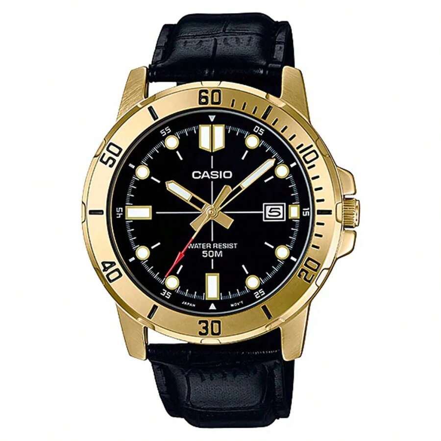 Relógio Masculino C asio Collection Dourado com Pulseira de Couro Preto MTP-VD01GL-1EVUDF