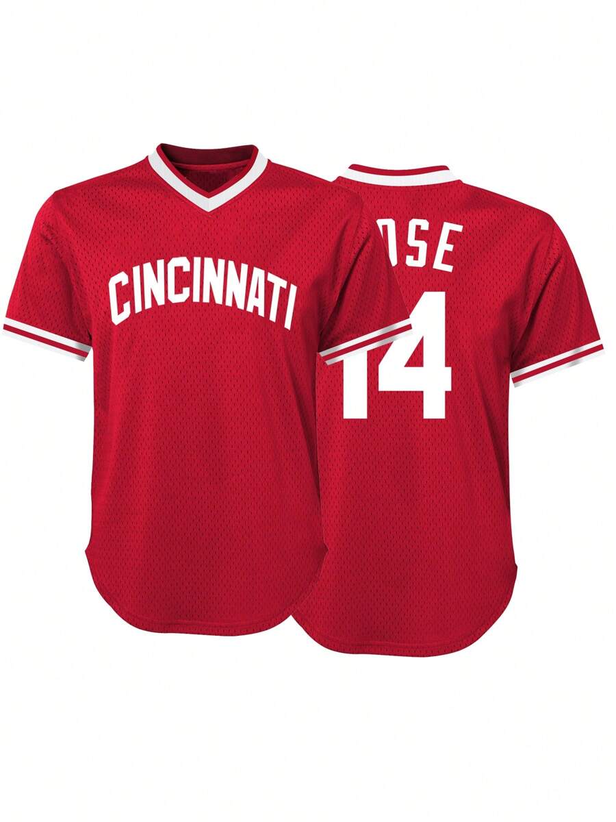 Men's Embroidery Baseball Jersey 14 Red Casual Short Sleeve V-Neck Button T-Shirts Party Sports Top