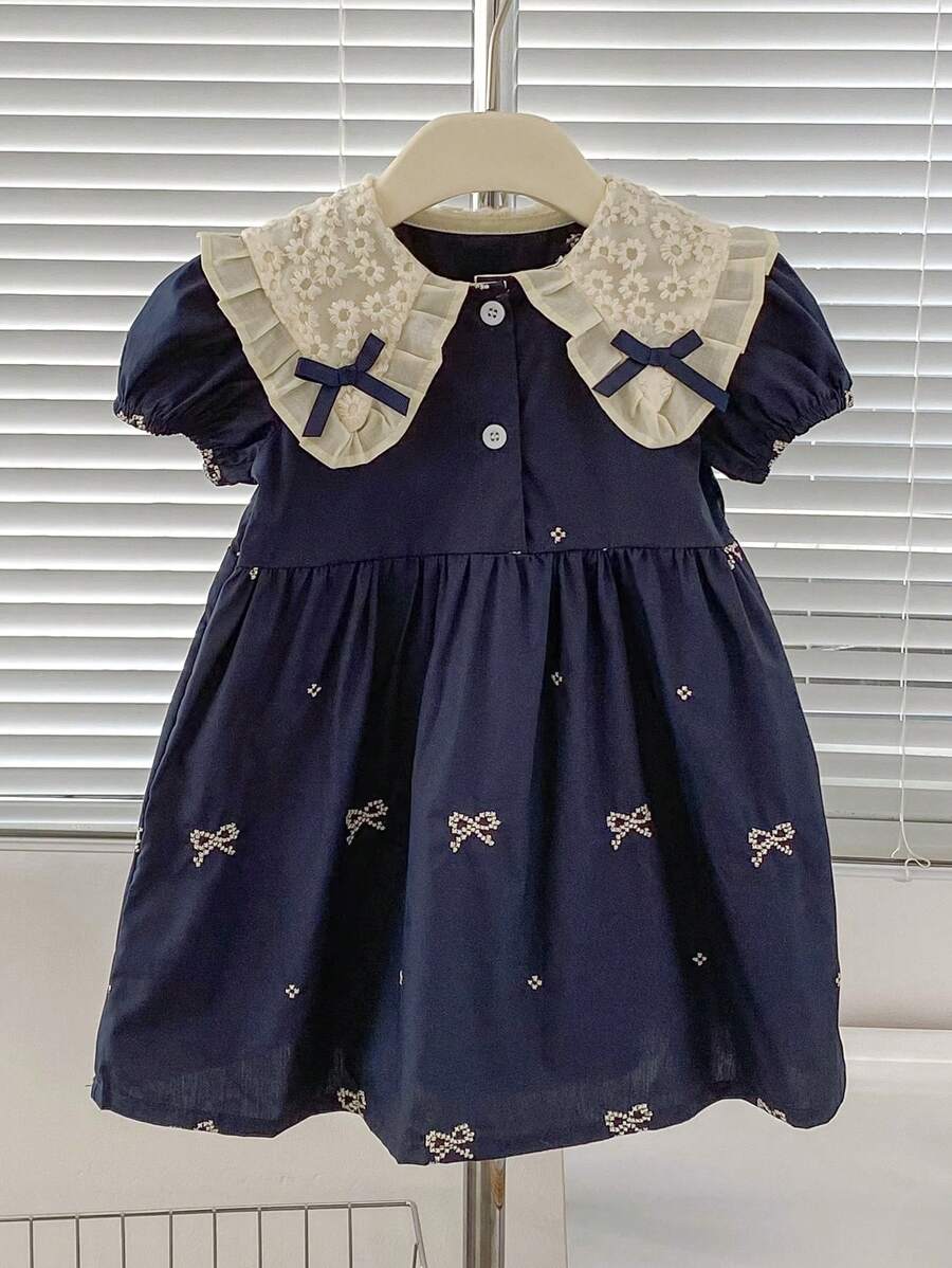 Summer New Arrival Girls Embroidery Bow Lace Sweet Dress