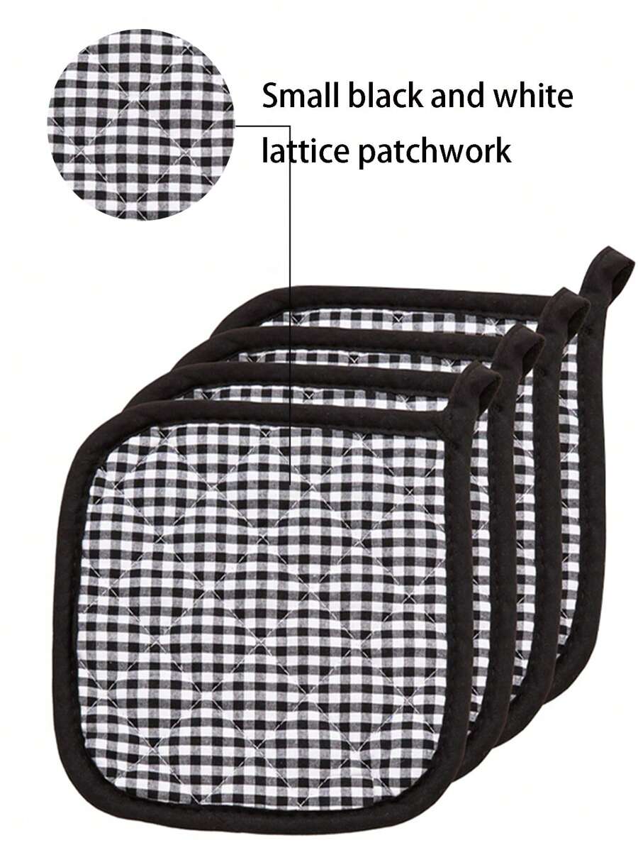 4pcs Plaid Cotton Insulation Heat Resistant Mat, Christmas Trivet Set Suitable For Kitchen Hot Pot Rack, Oven Pads For Cooking, Baking, Black Color