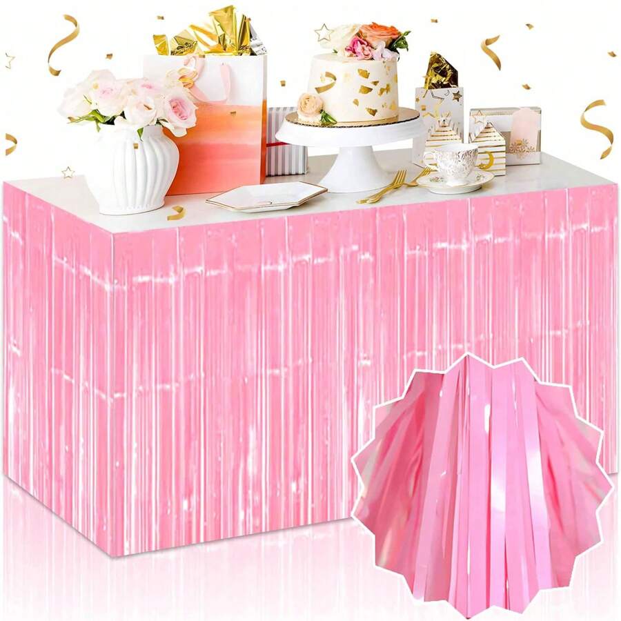 1 Pack Pink Foil Fringe Table Skirt, Pastel Color Pink/ White/ Yellow/ Green Metallic Tinsel Streamers Garland Banner Backdrop For Parade Float, Birthday, Thanksgiving, Christmas, Babyshower Party Table Decorations