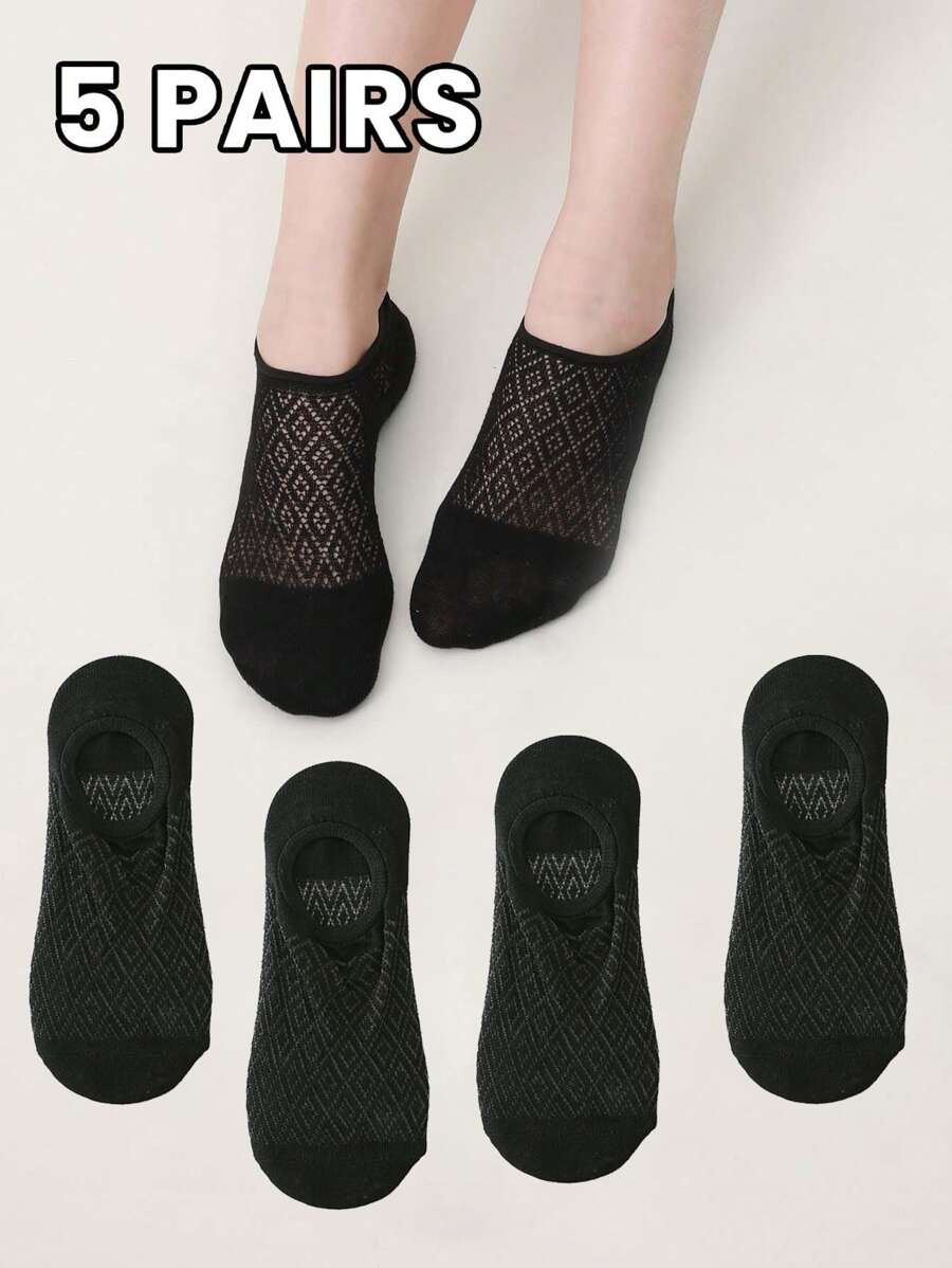 1/3/5 Pares Meias Invisíveis Sem Mostrar Tornozelo Respiráveis de Diamante Pretas para Mulheres, Finas e Macias, Versáteis para Primavera/Verão, Férias