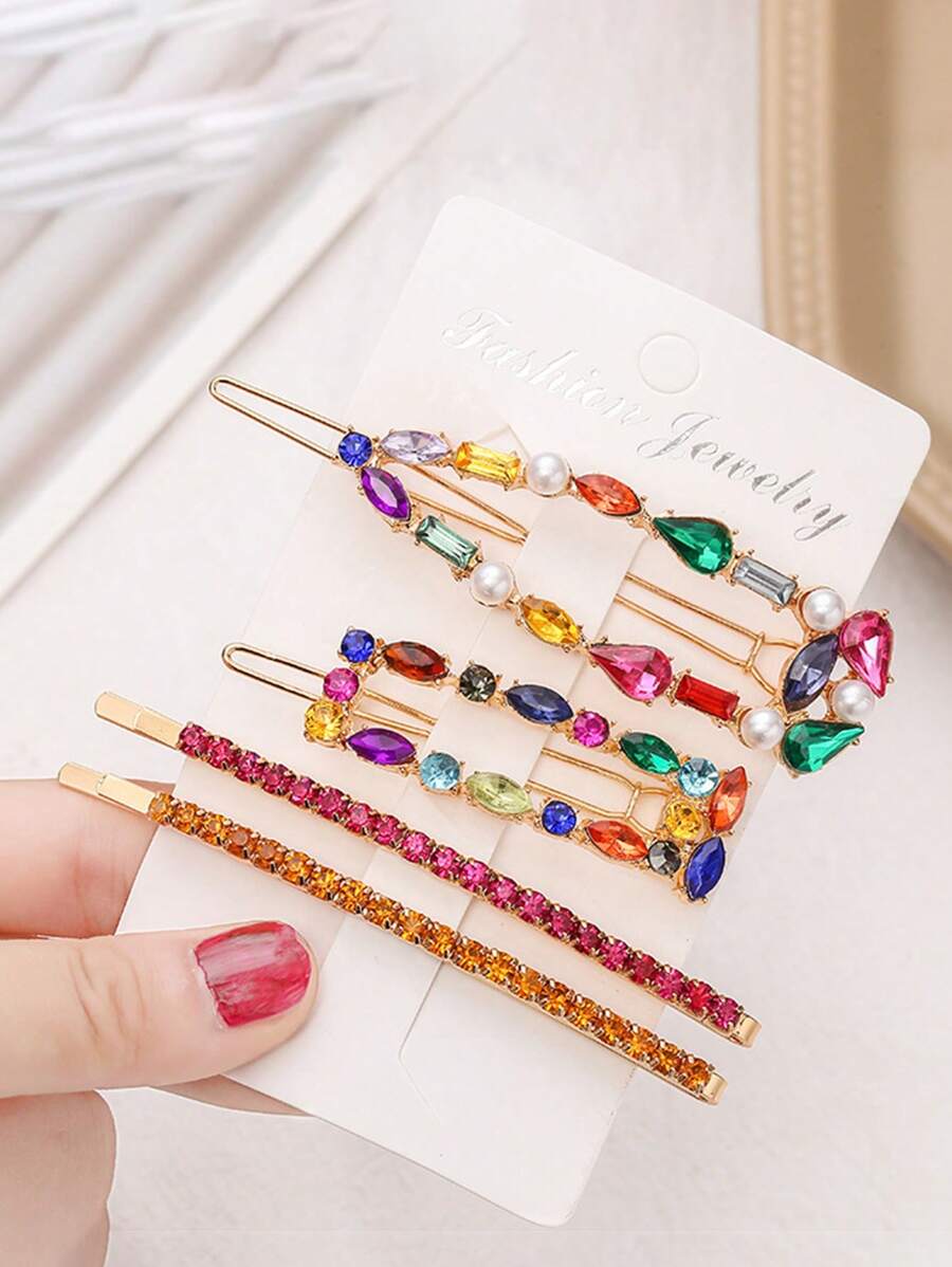 4pcs/Set Fashionable Studded Geometric Hairclips, Simple Crystal Hair Clips Set