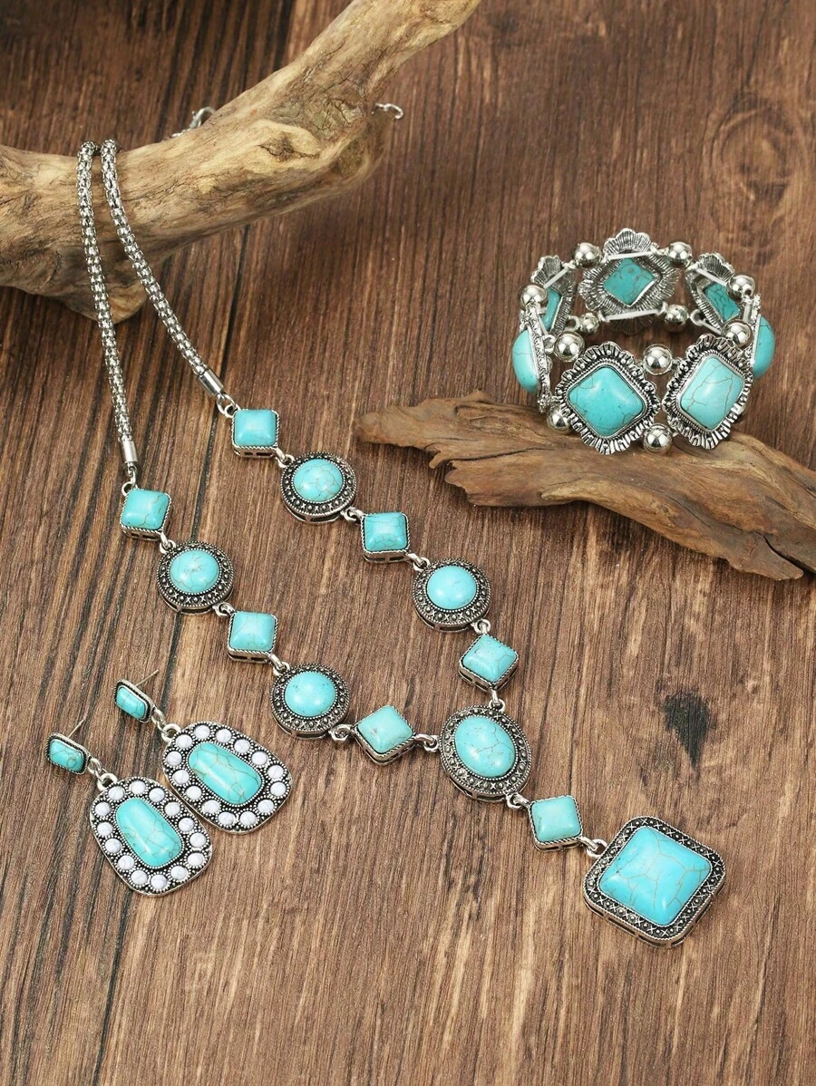 4pcs/Set Retro Turquoise Beaded Sweater Chain Necklace Earrings Bracelet Jewelry Set, Suitable For Women's Daily Wear