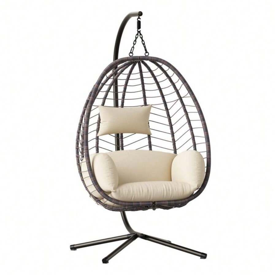 Egg Swing Chair Outdoor Indoor Wicker Rattan Hanging Chair With Stand 350lbs Capacity W/Strong Frame & Cushions For Patio Balcony Bedroom