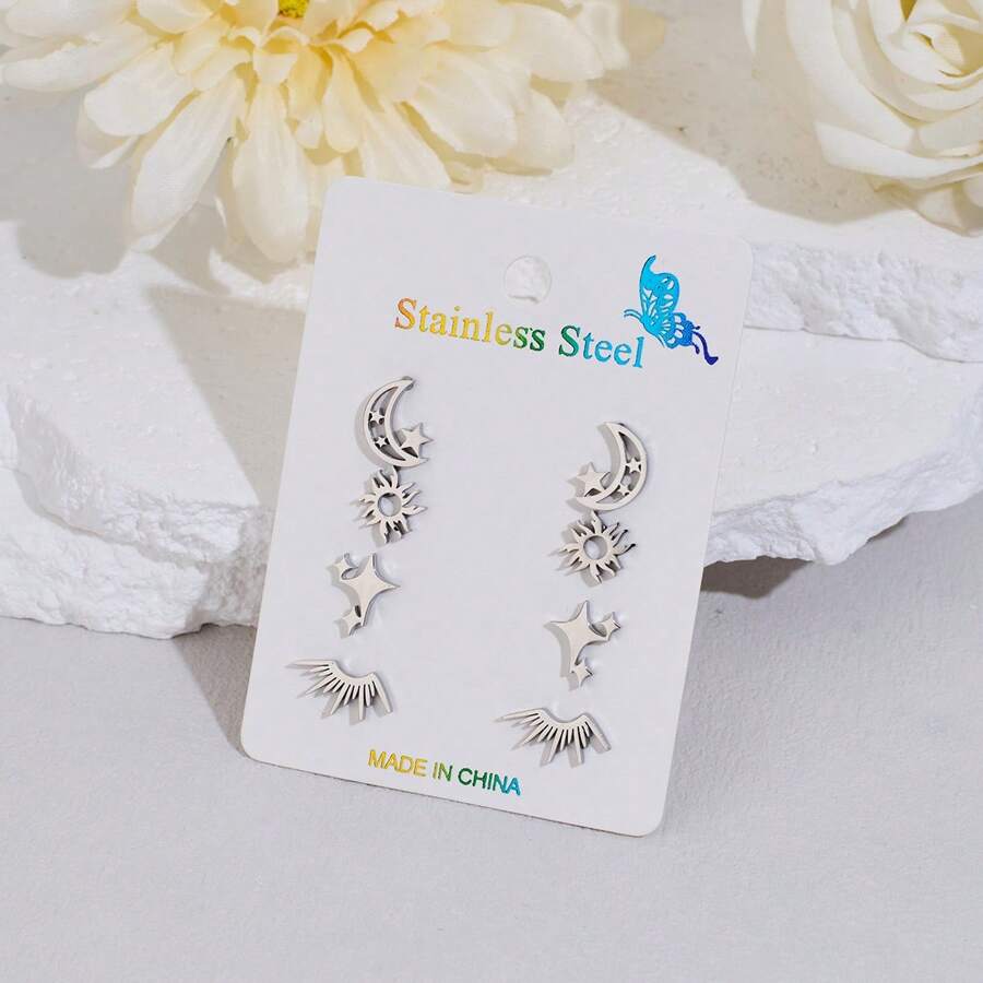4 Pairs /Lot Simple And Stylish Stainless Steel Star Earrings, Star And Moon Earrings, Everyday Neutral Accessories, Popular Jewelry Gifts For Holiday Parties