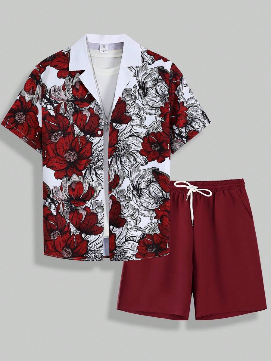 Men's Summer Suit Collar Burgundy Peony Print Drawstring Double Oblique Pocket Shorts Set