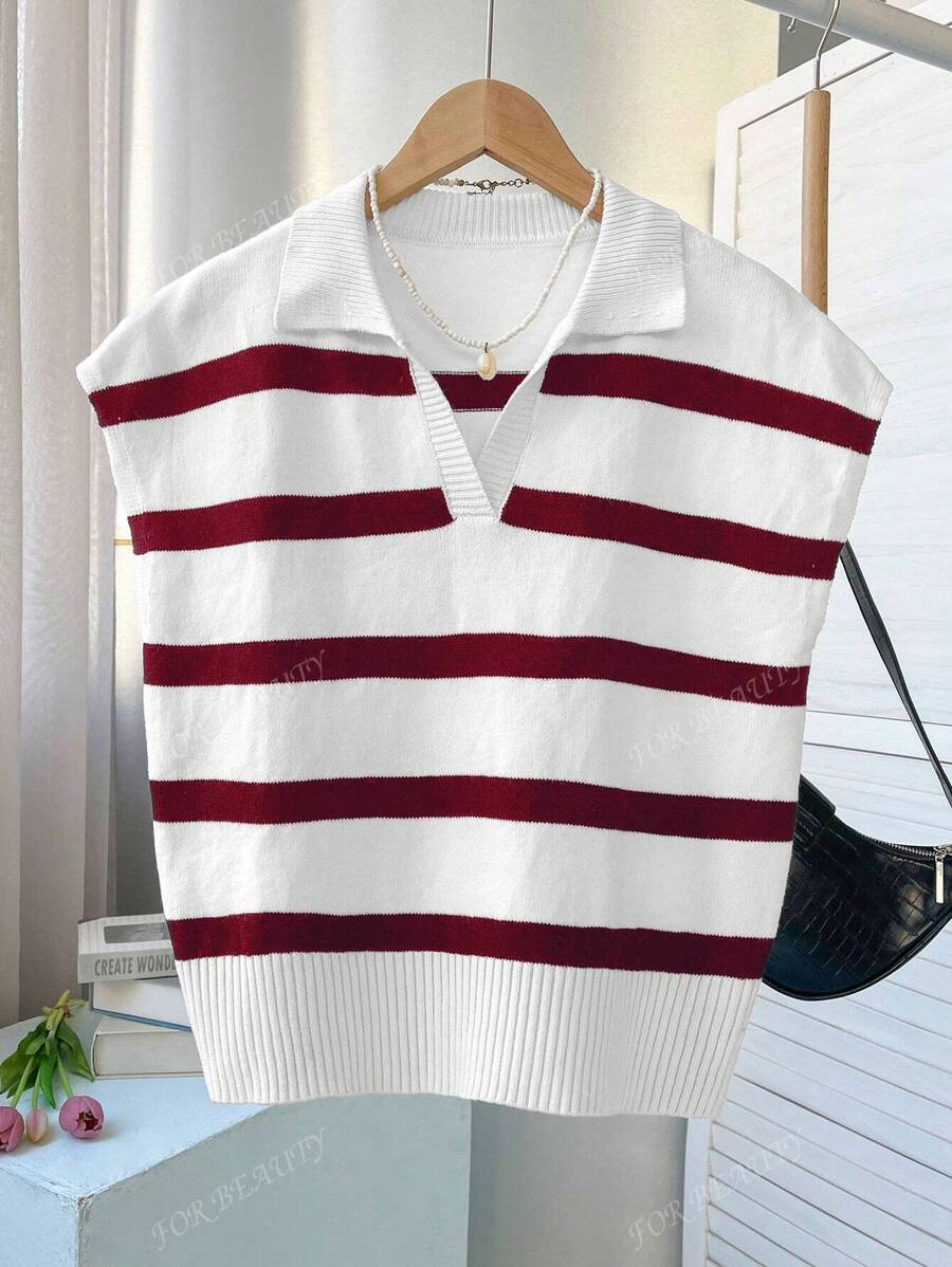 VOOR SCHOONHEID Lente en zomer Nieuwe stijl Revers Retro Gestreepte Kleurblok Mouwloze Gebreide Trui voor Vrouwen, Zakelijke Casual Losse Casual Pullover Top Voor Woon-werkverkeer Zomer Tops Terug naar school
