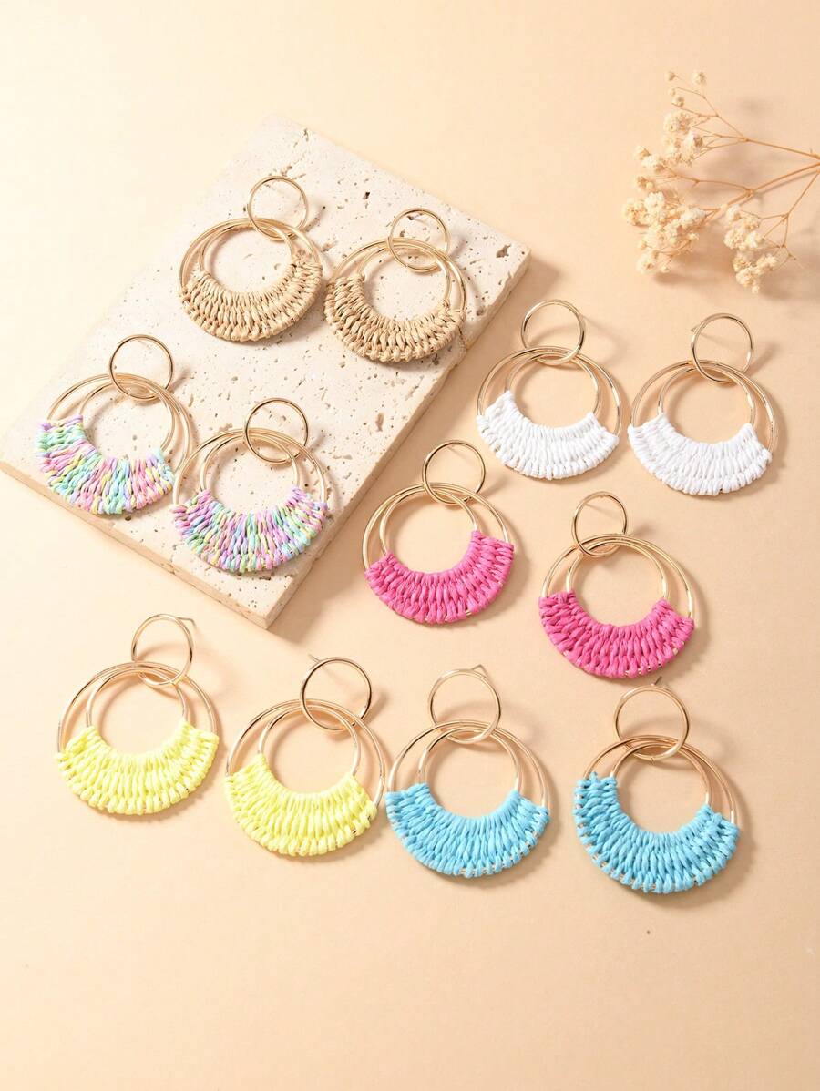 1 Pair Bohemian Style Resort Rattan Round Earrings In Ivory White, Fuchsia, And Orange, Hand-Woven, Fashionable For Women, Suitable For Daily Wear