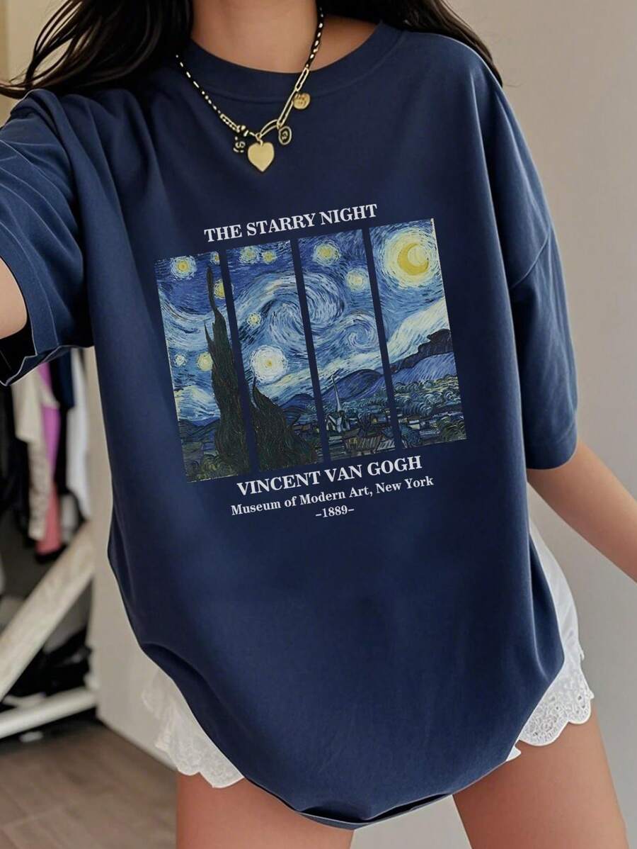 1 pieza Camiseta de manga corta con patrón de estrella para niña preadolescente, ropa juvenil cómoda y de moda, Top de verano para niñas
