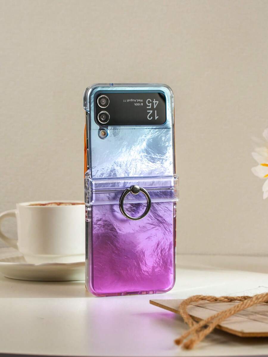 1pc Shiny Icy Gradient Holographic Paperboard Electroplated Kickstand Protective Phone Case Compatible With Samsung Galaxy Z Flip3 5G, Galaxy Z Flip4 5G, Galaxy Z Flip5 5G, Galaxy Z Flip6 5G, Anti-Fall, Shock-Resistant
