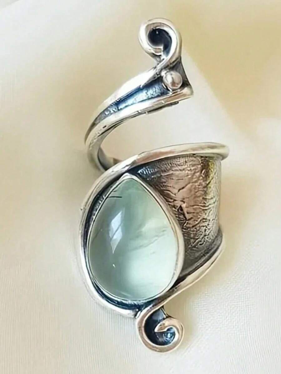 1pc Vintage Trendy Assimétrico Pedra Incrustada Anel de Liga Ajustável