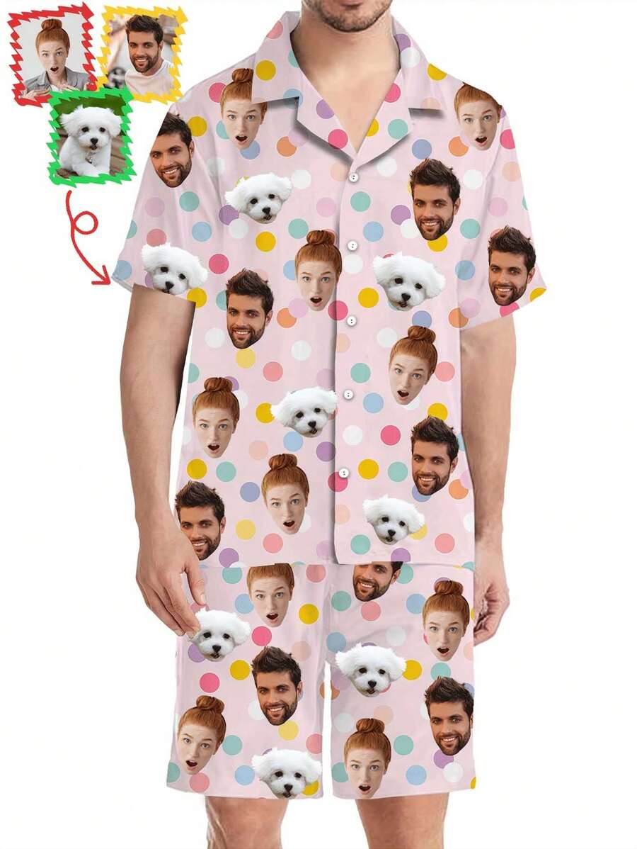 Conjunto de pijama personalizado para hombres, nueva temporada de primavera, con polo, estampado personalizado, de manga corta y pantalón corto, 2 piezas, cómodo y casual