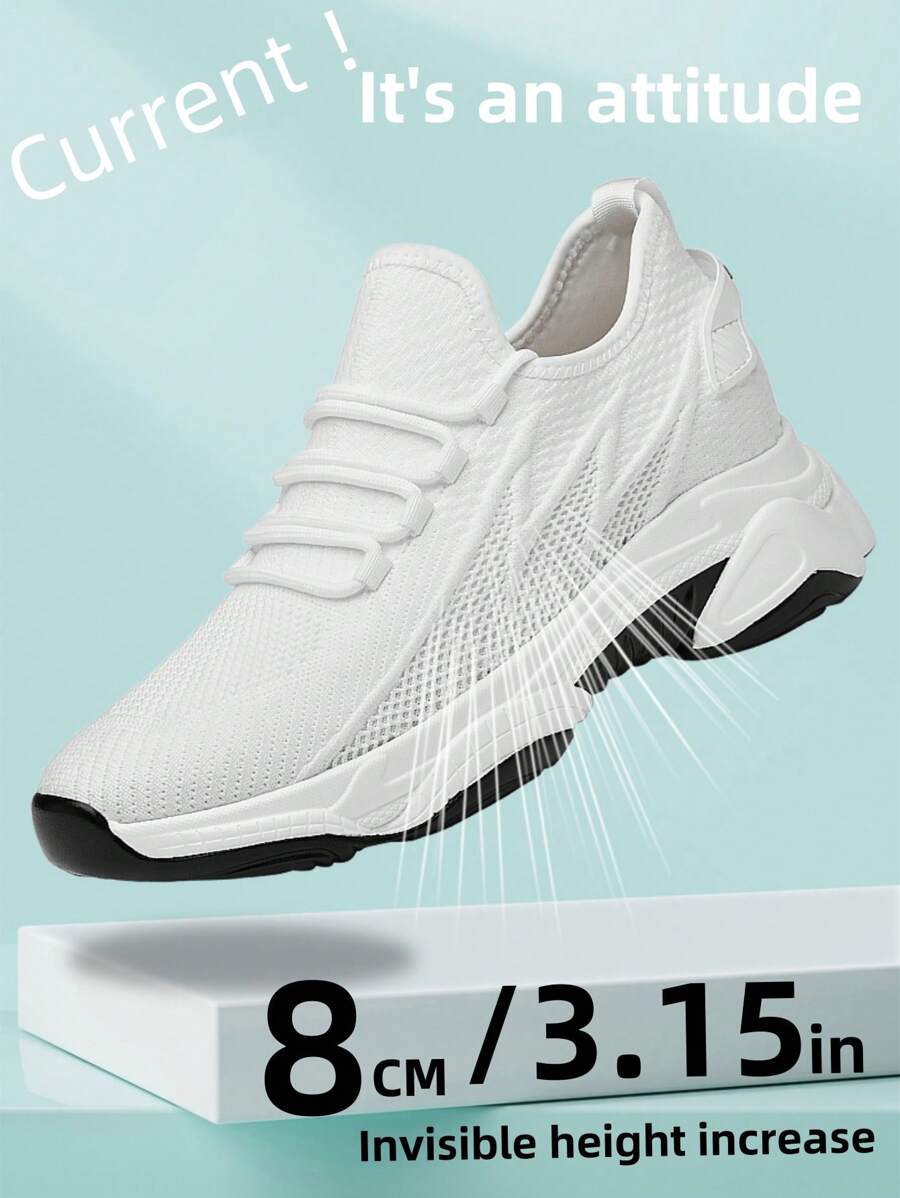 Men Height Increasing Shoes, 8cm/3.15in Invisible Height Increase, Fashionable Thick Sole Chunky Sneakers, Breathable Running Shoes, Men Invisible Casual Sneakers, White Mesh Shoes, New 2025 Style, Increased Insole Shoes, Dark Color, Plus Size 45-46