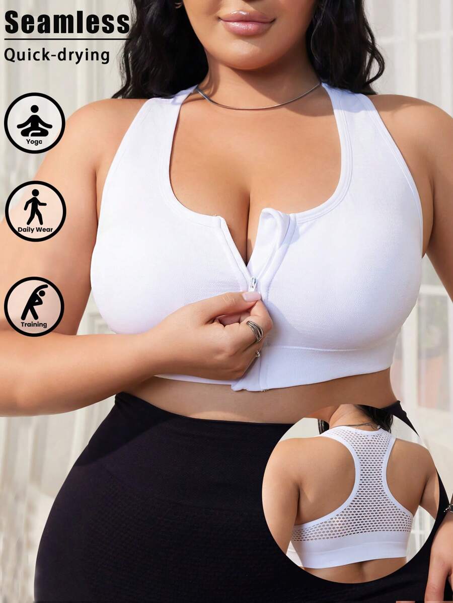 1 pieza Sujetador deportivo sin costuras con cierre delantero y diseño calado, con tirantes anchos y espalda descubierta para mujeres de talla grande