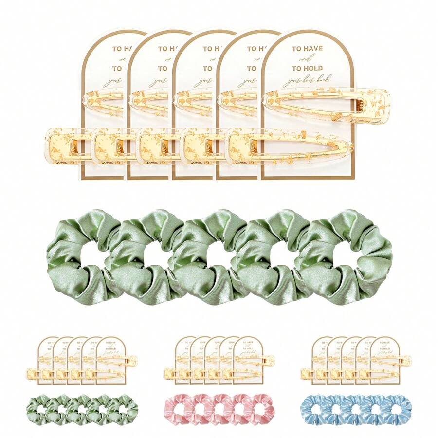20 Stücke Brautjungfer Antrag Geschenke, weiche Seide Satin Haaraccessoires beinhalten 5 Scrunchies, 10 Haarclips, 5 Karten als Geschenk für Hochzeit, Braut Junggesellinnenabschied
