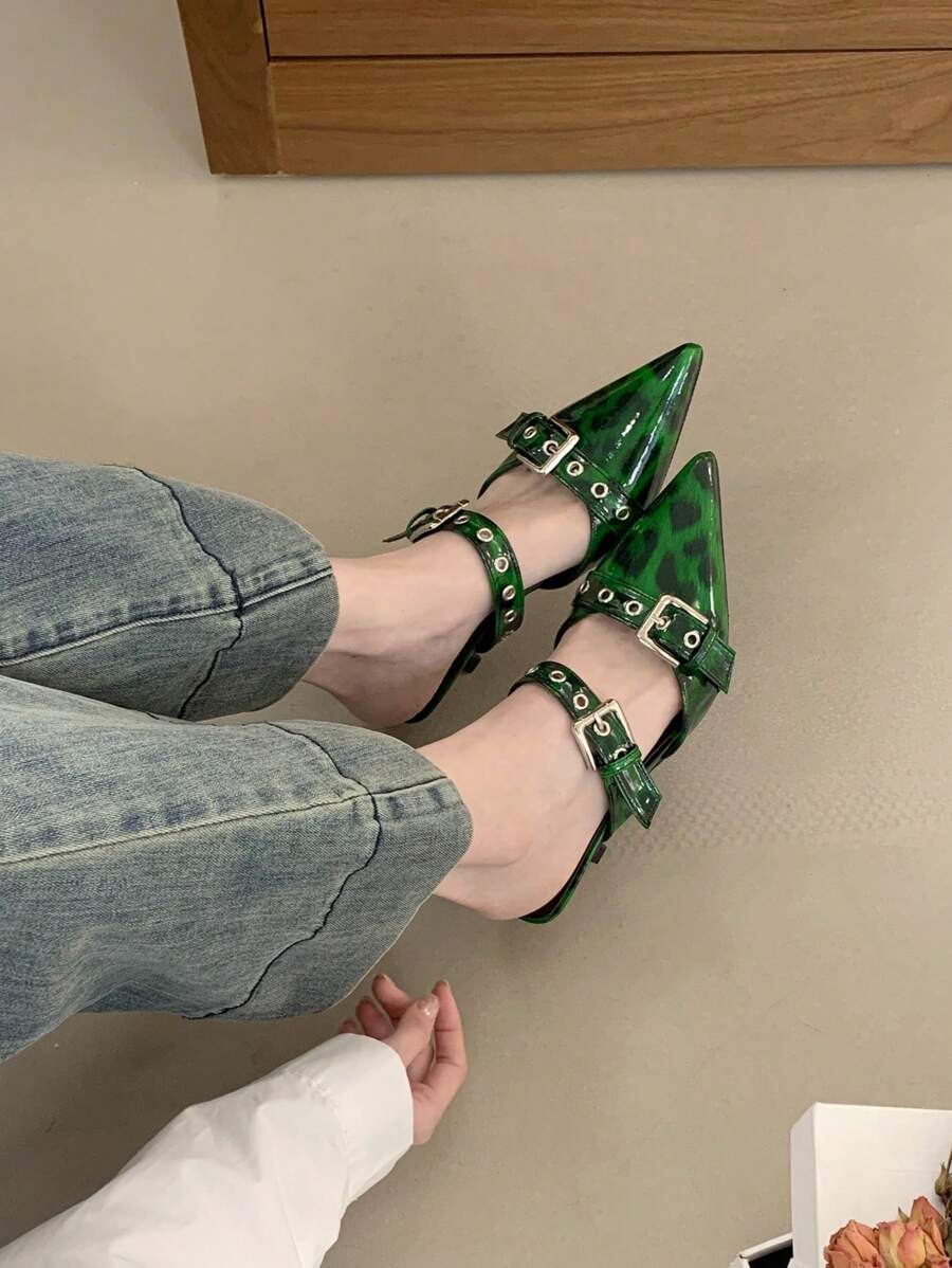 Double Buckle Pointed Toe Leopard Print High Heel Mule Backless Slippers For Women