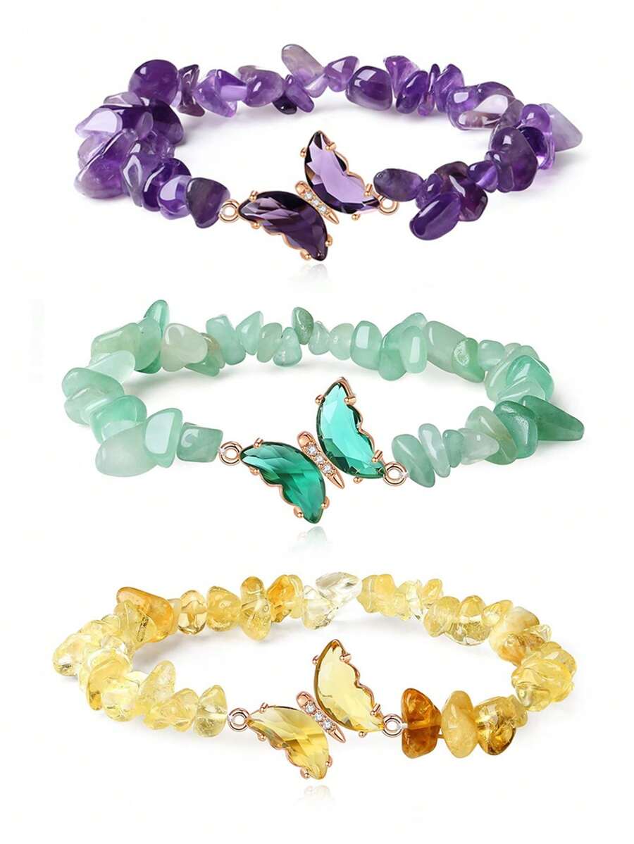 YAUKIA 1 pieza Pulsera de cristales curativos con mariposa, energía de amatista, citrino, aventurina verde, labradorita, brazalete con dije - Joyería de piedras preciosas hecha a mano para mujeres