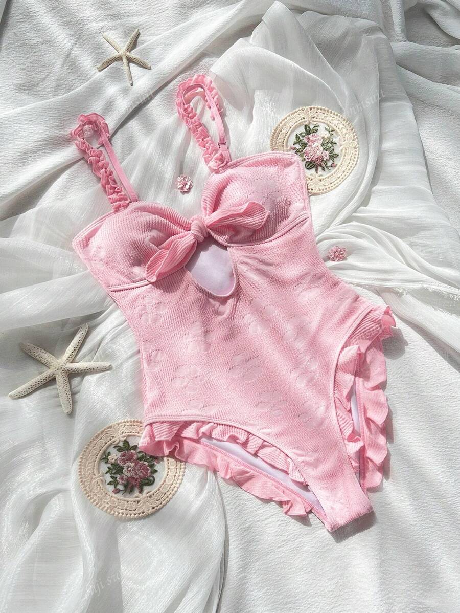 Costume da bagno intero da donna in stile romantico primaverile, in tessuto jacquard rosa, con spesse spalline e design con aperture sulla scollatura