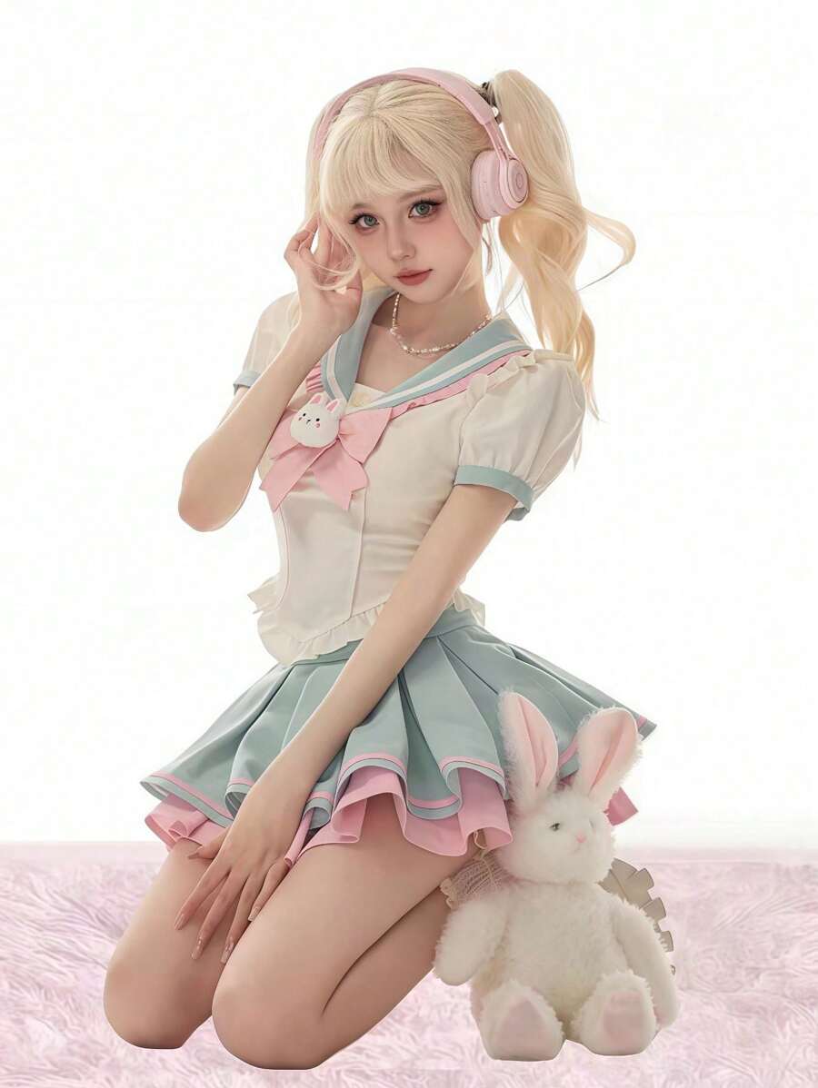 1pc Sweet Cute Girly JK School Uniform Set, Navy Collar Bow Decor Top And Pleated Contrast Color Skirt, Suitable For Photoshoot, Cosplay Halloween